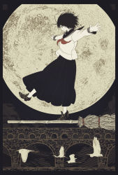 Rule 34 | 1girl, antenna hair, balancing, bird, black footwear, black hair, broom, broom surfing, closed mouth, commentary request, crane (animal), flying, from side, full moon, highres, kondou totetsu, long skirt, long sleeves, monochrome, moon, neckerchief, original, outstretched arms, pleated skirt, red neckerchief, school uniform, serafuku, shirt, shoes, short hair, skirt, solo, spread arms, standing, standing on one leg, white shirt