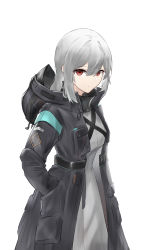 Rule 34 | 1girl, absurdres, arknights, black coat, closed mouth, coat, cowboy shot, doctor (arknights), dress, female doctor (arknights), grey dress, grey hair, hands in pockets, highres, hood, hood down, hooded coat, long hair, looking at viewer, medium hair, open clothes, open coat, red eyes, sarea (sarea2020), simple background, skadi (arknights), solo, white background