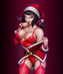 Rule 34 | 1girl, absurdres, belt, black hair, breasts, candy, candy cane, christmas, cleavage, covered erect nipples, drew gardner, fang, food, food in mouth, garter straps, hair ornament, han juri, hat, highres, large breasts, lips, naughty face, nightgown, off shoulder, panties, phallic symbol, pink eyes, red panties, red thighhighs, santa costume, santa hat, see-through, sexually suggestive, short twintails, solo, street fighter, thighhighs, twintails, underwear
