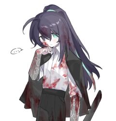 Rule 34 | ..., 1boy, ahoge, arm tattoo, black jacket, black pants, blood, blood in hair, blood on clothes, blood on face, blue hair, closed mouth, cloud tattoo, collared shirt, half updo, hong lu (project moon), jacket, jacket on shoulders, limbus company, long hair, nishiirei9522, pants, project moon, shirt, sidelocks, simple background, sleeves rolled up, solo, speech bubble, spoken ellipsis, tattoo, very long hair, white background, white shirt