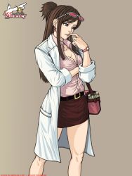 Rule 34 | 1girl, ace attorney, alternate costume, apollo justice: ace attorney, bag, belt, blouse, breasts, brown hair, capcom, cleavage, coat, earrings, ema skye, eyewear on head, finger to mouth, half updo, handbag, highres, jacket, jewelry, lab coat, lips, long coat, long hair, medium breasts, miniskirt, mugensaku, open clothes, open jacket, pencil skirt, pink-framed eyewear, pout, shirt, skirt, sleeves rolled up, solo, thinking, trench coat, watch, white jacket, wristwatch