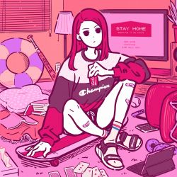 Rule 34 | 1girl, absurdres, ball, bandaid, bandaid on leg, baseball bat, black eyes, window blinds, book, can, card, champion (company), earrings, expressionless, flat color, headphones, highres, indoors, jewelry, knees up, lamp, long hair, long sleeves, looking at viewer, miyoshi yoshimi, nintendo switch, original, pillow, pink theme, plant, playing card, potted plant, print shirt, red hair, sandals, shirt, sitting, skateboard, socks, solo, tennis ball, tissue box
