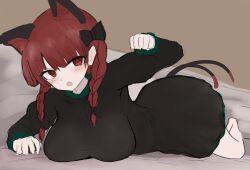 Rule 34 | 1girl, animal ears, black bow, bow, braid, breasts, cat ears, cat girl, cat tail, commentary request, extra ears, full body, hair bow, highres, kaenbyou rin, large breasts, looking at viewer, moriforest1040, multiple tails, red eyes, red hair, side braids, solo, tail, touhou, twin braids, two tails