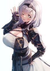 Rule 34 | 1girl, absurdres, breasts, cleavage, green eyes, grey hair, highres, hololive, hololive fantasy, kamishiro mai (capti-no), large breasts, looking at viewer, medium hair, shirogane noel, shirogane noel (1st costume), smile, solo, virtual youtuber