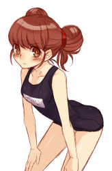 Rule 34 | 10s, 1girl, bad id, bad pixiv id, blush, brown eyes, brown hair, double bun, fate/extra, fate (series), hair bun, hair ornament, hands on own knees, kishinami hakuno (female), leaning forward, nagiko (mangalove1111), one-piece swimsuit, school swimsuit, shiori (1095951), short hair, simple background, sketch, solo, swimsuit, white background