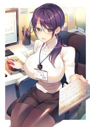 Rule 34 | 1girl, absurdres, black eyes, black pantyhose, black skirt, breasts, collared shirt, glasses, hair behind ear, highres, holding, holding paper, id card, keyboard (computer), large breasts, looking at viewer, low ponytail, monitor, mouse (computer), office lady, original, pantyhose, paper, pencil skirt, purple hair, scissors, shiosato jun, shirt, sitting, skirt, solo, white shirt
