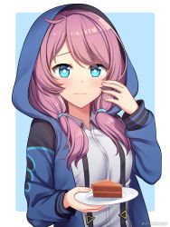 Rule 34 | 1girl, arknights, blue eyes, blue hoodie, blue poison (arknights), blue poison (elite ii) (arknights), blush, cake, chocolate cake, closed mouth, collared shirt, food, highres, holding, holding plate, hood, hood up, hoodie, lips, long sleeves, looking at viewer, low twintails, medium hair, pink hair, plate, rynzfrancis, shirt, smile, solo, twintails, upper body, white shirt