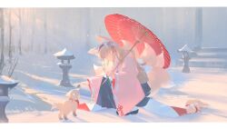 Rule 34 | animal ear fluff, animal ears, architecture, arknights, black hakama, blonde hair, commentary, east asian architecture, english commentary, floral print, flower, fox, fox ears, fox girl, fox tail, hair flower, hair ornament, hairband, hakama, hakama skirt, highres, holding, holding umbrella, japanese clothes, kimono, kitsune, koujuan, kyuubi, letterboxed, long hair, long sleeves, multiple tails, official alternate costume, oil-paper umbrella, okobo, outdoors, pink kimono, pleated skirt, red hairband, red umbrella, sandals, skirt, socks, squatting, suzuran (arknights), suzuran (yukibare) (arknights), tail, tassel, tassel hair ornament, umbrella, white socks, wide sleeves, winter