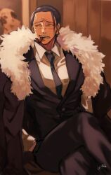 Rule 34 | 1boy, black hair, black jacket, black necktie, black pants, brown eyes, cape, cigar, collared shirt, crocodile (one piece), crossed legs, drawing (object), furrowed brow, hair slicked back, hand in pocket, highres, jacket, looking to the side, male focus, mature male, mirin (coene65), mouth hold, necktie, one piece, pants, scar, scar on face, shirt, short hair, signature, sitting, smoking, solo, suit jacket, teeth hold, white cape, white shirt, wooden wall