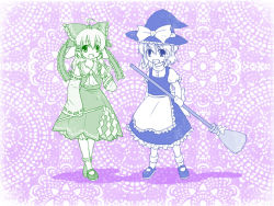 Rule 34 | 2girls, bad id, bad pixiv id, bow, broom, bunny (trickster), cat (trickster), cosplay, detached sleeves, dress, female focus, gohei, grin, hair bow, hakurei reimu, hakurei reimu (cosplay), hat, japanese clothes, kirisame marisa, kirisame marisa (cosplay), miko, miya na, multiple girls, oonusa, open mouth, smile, standing, touhou, trickster (ntreev soft), wallpaper, witch, witch hat