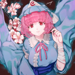 Rule 34 | 1girl, artist name, bandaged arm, bandages, blue hat, blue kimono, blunt bangs, branch, cherry blossoms, childwolf, chinese commentary, closed mouth, commentary request, fingernails, frilled shirt collar, frills, hand up, hat, highres, japanese clothes, kimono, light smile, lips, long sleeves, looking at viewer, mob cap, nail polish, neck ribbon, obi, pink hair, pink nails, pink ribbon, red eyes, ribbon, saigyouji yuyuko, sash, short hair, solo, touhou, triangular headpiece, upper body, wide sleeves