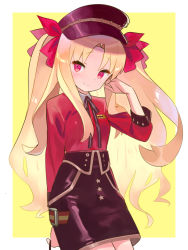 Rule 34 | 1girl, black hat, black skirt, blonde hair, border, bow, breasts, closed mouth, contemporary, ereshkigal (fate), ereshkigal (under the same sky) (fate), fate/grand order, fate (series), hair bow, hand in own hair, hat, highres, long hair, long sleeves, looking at viewer, md5 mismatch, parted bangs, peaked cap, red bow, red eyes, red shirt, resolution mismatch, shirt, skirt, small breasts, smile, solo, source larger, two side up, white border, yellow background, zenshin