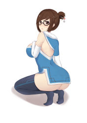 Rule 34 | 1girl, absurdres, adapted costume, ass, bad anatomy, bantian yindang, bare shoulders, beads, black-framed eyewear, black thighhighs, blue dress, blush, breasts, brown eyes, brown hair, china dress, chinese clothes, dress, from behind, full body, fur trim, glasses, hair bun, hair ornament, hair stick, hand on breast, highres, kneeling, large breasts, looking at viewer, looking back, mei (overwatch), no shoes, open mouth, overwatch, overwatch 1, panties, short dress, short hair, side slit, sidelocks, simple background, single hair bun, snowflake hair ornament, solo, swept bangs, thighhighs, thong, underwear, white background, white panties