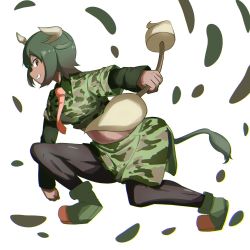 Rule 34 | 10s, 1girl, animal ears, aurochs (kemono friends), black pantyhose, brown eyes, camouflage, camouflage shirt, camouflage shorts, collared shirt, empty eyes, from side, green footwear, green hair, highres, holding, holding lance, holding polearm, holding weapon, horn lance, horns, kemono friends, lance, layered sleeves, long sleeves, looking at viewer, midriff, necktie, pantyhose, polearm, shirt, short hair, short over long sleeves, short sleeves, shorts, smile, solo, tail, tamiku (shisyamo609), teeth, weapon, white background