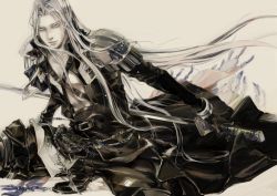 Rule 34 | 1990s (style), 1boy, ayajik, final fantasy, final fantasy vii, highres, long hair, looking at viewer, male focus, sephiroth, silver hair, solo, sword, very long hair, weapon