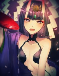 Rule 34 | 1girl, :d, alcohol, breasts, cup, fate/grand order, fate (series), hair ornament, horns, japanese clothes, kimono, looking at viewer, millefoglie, open clothes, open kimono, open mouth, petals, purple eyes, purple hair, sakazuki, sake, shuten douji (fate), skin-covered horns, small breasts, smile, solo, teeth