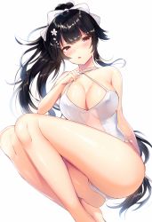 Rule 34 | 1girl, arm at side, azur lane, barefoot, black hair, blush, bow, breasts, brown eyes, cleavage, closed mouth, commentary request, criss-cross halter, flower, hair bow, hair flower, hair ornament, halterneck, highres, large breasts, legs together, long hair, looking at viewer, ntk (7t5), one-piece swimsuit, ponytail, shiny skin, sitting, solo, swimsuit, takao (azur lane), takao (beach rhapsody) (azur lane), very long hair, white background, white bow, white one-piece swimsuit