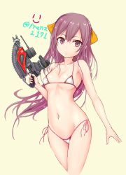 Rule 34 | 10s, 1girl, arm at side, arrow (symbol), bare shoulders, bikini, blush, bow, breasts, brown eyes, brown hair, chainsaw, closed mouth, collarbone, cowboy shot, emblem, finger on trigger, floating hair, franz (217franz), frown, groin, gun, hair bow, hair ribbon, half updo, halterneck, head tilt, highres, holding, holding weapon, husqvarna, kamikaze (kancolle), kantai collection, legs together, long hair, looking at viewer, medium breasts, micro bikini, navel, parted bangs, purple eyes, purple hair, ribbon, shiny skin, side-tie bikini bottom, sideboob, simple background, skindentation, solo, standing, strap gap, string bikini, swimsuit, turret, twitter username, underboob, very long hair, weapon, white bikini, yellow background, yellow bow