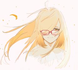 Rule 34 | 1girl, ahoge, bad id, bad twitter id, blonde hair, closed mouth, feathers, glasses, hair over one eye, highres, long hair, neck fur, neck ruff, one eye covered, red-framed eyewear, sidelocks, simple background, smile, solo, tokyo houkago summoners, tyou, upper body, white background, white feathers, yellow eyes, ziz (housamo)