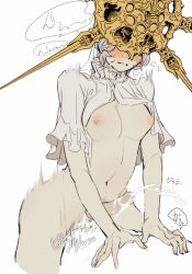 Rule 34 | 2boys, absurdres, biting own lip, blush, bottomless, breasts, cowgirl position, crossdressing, cuntboy, cuntboy with male, dark souls (series), dark souls i, dark sun gwyndolin, grey hair, highres, large breasts, male focus, male with breasts, multiple boys, nipples, penis, pubic hair, pussy, sex, short hair, short sleeves, shrug (clothing), simple background, speech bubble, straddling, teeth, testicles, translation request, trap, upper teeth only, vaginal, white background, zunkome