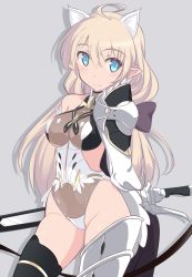 Rule 34 | 1girl, ahoge, animal ears, armor, armored boots, arms behind back, asymmetrical clothes, asymmetrical legwear, bad id, bad pixiv id, bare shoulders, blonde hair, blue eyes, boots, bow, breasts, cat ears, contrapposto, covered navel, elf, grey background, groin, hair bow, long hair, looking to the side, maccyon, md5 mismatch, original, pauldrons, pointy ears, resolution mismatch, see-through, shoulder armor, simple background, smile, solo, source larger, standing, sword, thigh boots, thighhighs, uneven legwear, weapon