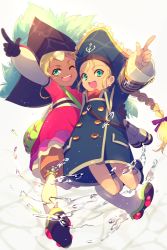 Rule 34 | 2girls, blonde hair, blue eyes, braid, chat (tales), dark-skinned female, dark skin, earrings, echo (circa), forehead jewel, full body, gloves, hat, jewelry, long hair, looking at viewer, multiple girls, namco, one eye closed, open mouth, patty fleur, pirate hat, red shirt, shirt, short hair, shorts, smile, tales of (series), tales of eternia, tales of vesperia, thighhighs, twin braids, very short hair, water