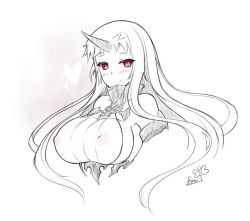 Rule 34 | 10s, 1girl, abyssal ship, blush, breasts, butter-t, cleavage, greyscale, horns, kantai collection, large breasts, long hair, monochrome, red eyes, seaport princess, single horn, smile, solo