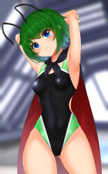 Rule 34 | 1girl, arms behind head, black cape, black one-piece swimsuit, blurry, blurry background, breasts, cape, competition swimsuit, cowboy shot, daichi (tokoya), gradient hair, green eyes, green hair, highres, multicolored clothes, multicolored hair, multicolored swimsuit, one-piece swimsuit, rei no pool, short hair, small breasts, smile, solo, swept bangs, swimsuit, touhou, wriggle nightbug