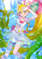 Rule 34 | 1girl, afloat, ankle bow, ankle ribbon, blonde hair, bow, choker, cropped torso, cure summer, earrings, elbow gloves, eyelash ornament, from above, glove bow, gloves, green eyes, heart, heart in eye, highres, jewelry, long hair, looking at viewer, looking up, magical girl, natsuumi manatsu, navel, pink hair, pink sailor collar, precure, ribbon, sailor collar, shirt, signature, skirt, sleeveless, sleeveless shirt, solo, symbol in eye, thick eyelashes, tiler (tiler00), triangle earrings, tropical-rouge! precure, white choker, white gloves, white shirt, white skirt, wrist bow