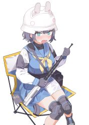 Rule 34 | 1girl, absurdres, animal ears, black bag, black footwear, black gloves, blue archive, blue sailor collar, blue skirt, blush, camping chair, chair, cleaning, cleaning gun, cleaning rod, cleaning weapon, combat helmet, embarrassed, fake animal ears, gloves, green eyes, helmet, highres, holding, knee pads, knees together feet apart, looking at viewer, medium hair, neckerchief, open mouth, purple hair, rabbit ears, sailor collar, saki (blue archive), school uniform, shoes, simple background, sitting, skirt, sneakers, solo, sweat, taberu 343, tactical clothes, two-tone skirt, weapon, white background, white headwear, white skirt, yellow neckerchief