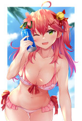 Rule 34 | 1girl, ;d, ahoge, bare arms, bare shoulders, bell, bikini, blue sky, can, cloud, collarbone, commentary, commentary request, cowboy shot, day, flower, green eyes, groin, hair bell, hair between eyes, hair ornament, hand up, highres, holding, holding can, hololive, irohara, jingle bell, long hair, looking at viewer, md5 mismatch, navel, one eye closed, one side up, open mouth, outdoors, partial commentary, pink bikini, pink flower, pink hair, red ribbon, resolution mismatch, ribbon, sakura miko, sakura miko (hololive summer 2019), sky, smile, solo, source smaller, standing, stomach, swimsuit, virtual youtuber