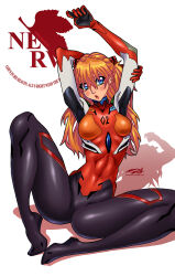Rule 34 | 1girl, arms up, artist name, ass, blue eyes, bodysuit, brown hair, covered navel, curvy, darkereve, full body, highres, huge ass, logo, long hair, neon genesis evangelion, nerv, open mouth, plugsuit, rebuild of evangelion, red bodysuit, simple background, sitting, solo, souryuu asuka langley, spread legs, two side up, wide hips