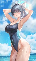 Rule 34 | 1girl, absurdres, ahoge, alternate breast size, animal ear fluff, animal ears, armpits, arms behind head, black one-piece swimsuit, blue archive, blue eyes, blush, breasts, cloud, competition swimsuit, covered navel, cross, cross hair ornament, extra ears, grey hair, hair ornament, halo, highres, inverted cross, large breasts, looking at viewer, medium hair, mismatched pupils, multicolored clothes, multicolored swimsuit, ocean, official alternate costume, one-piece swimsuit, outdoors, parted lips, pong 0012, ponytail, shiroko (blue archive), shiroko (swimsuit) (blue archive), sky, solo, sunlight, swimsuit, thighs, water drop, wet