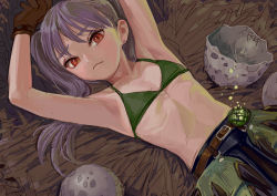 Rule 34 | 1girl, armpits, belt, bikini, bikini top only, brown gloves, character request, check copyright, closed mouth, copyright request, earrings, egg, fkey, flat chest, gloves, green bikini, hands up, jewelry, looking at viewer, lying, monster hunter (series), on back, purple hair, red eyes, solo, swimsuit, twintails