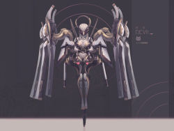 Rule 34 | 1girl, armor, blonde hair, bodysuit, breasts, full body, halo, highres, infinity symbol, large breasts, long hair, mask, mecha musume, mechanical halo, mechanical wings, original, own hands together, platform footwear, solo, standing, toeless legwear, translation request, wings, xyufsky