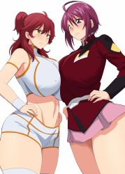Rule 34 | 2girls, ahoge, alternate breast size, annoyed, asymmetrical docking, blue eyes, breast press, breasts, gundam, gundam 00, gundam seed, gundam seed destiny, hands on own hips, highres, huge breasts, kloah, looking down, looking up, lunamaria hawke, midriff, miniskirt, multiple girls, navel, nena trinity, red hair, skirt, thick thighs, thighs, uniform, white background, yellow eyes