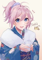 Rule 34 | 1girl, 2022, aoba (kancolle), blue eyes, blue kimono, blush, chinese zodiac, cup, floral print, fur-trimmed kimono, fur trim, hair between eyes, highres, holding, holding cup, hydromoon, japanese clothes, kantai collection, kimono, long sleeves, looking at viewer, obi, open mouth, pink hair, ponytail, print kimono, sash, short hair, smile, solo, upper body, wide sleeves, year of the tiger