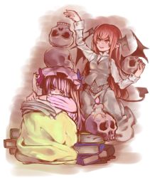 Rule 34 | 2girls, :d, arm up, balancing, bat wings, blunt bangs, book, book stack, bored, candle, demon tail, dress, dress shirt, expressionless, fang, hat, head rest, head wings, koakuma, long hair, long sleeves, mob cap, multiple girls, necktie, object on head, open mouth, paper, patchouli knowledge, pointy ears, purple eyes, purple hair, quill, red eyes, red hair, shiro (hakukosui), shirt, simple background, skirt, skirt set, skull, smile, tail, touhou, very long hair, vest, white shirt, wings, writing