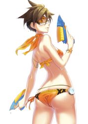 Rule 34 | 1girl, alternate costume, armlet, ass, back, bandeau, beads, bikini, bracelet, breasts, brown eyes, brown hair, cowboy shot, dripping, dual wielding, glowing, goggles, hair between eyes, holding, jewelry, kamome yuu, looking at viewer, looking back, orange bikini, overwatch, overwatch 1, parted lips, shade, short hair, side-tie bikini bottom, simple background, small breasts, solo, swimsuit, tracer (overwatch), trigger discipline, water, water gun, wet, wet hair, white background