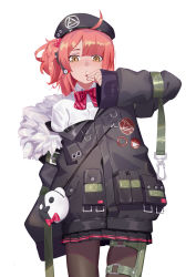 Rule 34 | 1girl, ahoge, ammunition pouch, arm behind back, arm strap, bad id, bad pixiv id, baggy clothes, belt, beret, black pantyhose, black skirt, blush, bow, bowtie, buckle, candy, coat, collared shirt, food, fur-trimmed coat, fur trim, girls&#039; frontline, hair ornament, hat, headphones, highres, jacket, lollipop, looking at viewer, miniskirt, mp7 (girls&#039; frontline), multiple straps, off shoulder, pantyhose, pink bow, pink hair, pleated skirt, pocket, pouch, shirt, side ponytail, sidelocks, simple background, skirt, sleeves past wrists, solo, stuffed animal, stuffed toy, teddy bear, thigh strap, tsuaaa, white background, white shirt, wide sleeves, yellow eyes