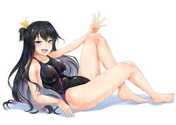 Rule 34 | 10s, 1girl, alternate costume, black hair, blush, bow, breasts, collarbone, competition swimsuit, fang, full body, hair between eyes, hair bow, hand on own knee, hassen (8cm), kantai collection, large breasts, long hair, looking at viewer, lying, multicolored hair, naganami (kancolle), one-piece swimsuit, open mouth, purple hair, simple background, solo, spread fingers, swimsuit, thighs, white background, yellow bow, yellow eyes