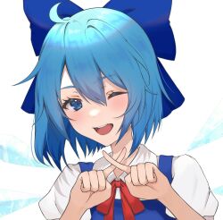 Rule 34 | 1girl, ahoge, blue eyes, blue hair, cirno, commentary, crossed fingers, detached wings, highres, ice, ice wings, looking at viewer, one eye closed, short hair, simple background, solo, touhou, umeko 81, upper body, white background, wings