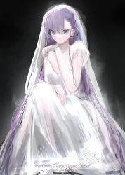 Rule 34 | 1girl, absurdly long hair, absurdres, alternate costume, blue eyes, bridal veil, character name, commentary, copyright name, crossed legs, cyrilashnmsh, dress, earrings, fate/grand order, fate (series), gloves, highres, jewelry, lace, long hair, looking at viewer, meltryllis (fate), one side up, parted lips, purple hair, see-through, see-through sleeves, sitting, solo, swept bangs, twitter username, veil, very long hair, wedding dress, white dress, white gloves