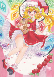 Rule 34 | 1girl, absurdres, ascot, blonde hair, bobby socks, breasts, collared shirt, crystal, flandre scarlet, flower, frilled shirt collar, frilled skirt, frills, full body, glowing, glowing wings, happy, hat, highres, holding, holding stuffed toy, leaf, long hair, looking at viewer, mary janes, mob cap, multicolored wings, one side up, open mouth, pink background, pointy ears, puffy short sleeves, puffy sleeves, red eyes, red flower, red footwear, red rose, red skirt, red vest, rose, shirt, shoe soles, shoes, short sleeves, simple background, skirt, small breasts, socks, solo, stuffed animal, stuffed toy, teddy bear, thighs, touhou, tsugumi (tky-fam), vest, white background, white hat, white shirt, white socks, wings, yellow ascot