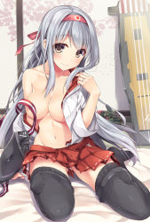 Rule 34 | 10s, 1girl, bankoku ayuya, blush, breasts, censored, convenient censoring, grey hair, hairband, japanese clothes, kantai collection, long hair, looking at viewer, medium breasts, navel, open clothes, personification, shoukaku (kancolle), smile, solo, stomach, thighhighs, yellow eyes