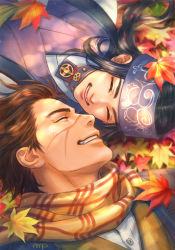Rule 34 | 1boy, 1girl, ainu, ainu clothes, asirpa, autumn leaves, bandana, black hair, brown hair, closed eyes, face-to-face, golden kamuy, grin, hair slicked back, highres, long hair, looking at another, lying, mprichin, on back, outdoors, scar, scar on face, scarf, short hair, signature, smile, sugimoto saichi