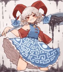 Rule 34 | 1girl, blue dress, blue ribbon, blush, cowboy shot, cropped legs, curled horns, dress, earrings, grey hair, grin, highres, holding, holding spoon, horn ornament, horn ribbon, horns, jewelry, kaginoni, looking at viewer, oversized object, pointy ears, red eyes, red horns, red sleeves, ribbon, sharp teeth, sheep horns, short hair, smile, solo, spoon, teeth, touhou, toutetsu yuuma