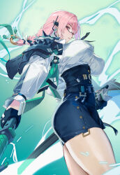 1girl armor black_gloves black_skirt breasts cowboy_shot dress_shirt earrings from_below glasses gloves hair_between_eyes highres holding holding_polearm holding_weapon jewelry large_breasts lightning long_hair miyazakisoul parted_lips pencil_skirt pink_eyes pink_hair polearm serious shirt shoulder_armor sidelocks skirt solo standing thighs tsukishiro_yanagi weapon white_shirt zenless_zone_zero