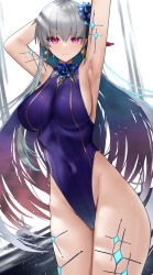 Rule 34 | 1girl, armpits, arms behind head, arms up, bare shoulders, blue hair, blush, body markings, bracelet, breasts, closed mouth, covered navel, earrings, fate/grand order, fate (series), faton, flower, grey hair, hair between eyes, hair flower, hair ornament, highres, jewelry, kama (fate), kama (swimsuit avenger) (fate), large breasts, long hair, looking at viewer, lotus, multicolored hair, one-piece swimsuit, red eyes, ribbon, smile, solo, star (symbol), star earrings, swimsuit, thighs, two-tone hair