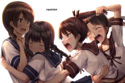 Rule 34 | 10s, 4girls, ayanami (kancolle), black hair, blue skirt, blush, braid, breasts, bright background, brown eyes, brown hair, collarbone, commentary request, english text, closed eyes, grabbing another&#039;s hair, hair over shoulder, hair ribbon, hug, ichikawa feesu, isonami (kancolle), kantai collection, long hair, multiple girls, navel, open mouth, pleated skirt, ponytail, ribbon, school uniform, serafuku, shikinami (kancolle), short hair, short sleeves, side ponytail, sidelocks, single braid, skirt, smile, surprised, sweatdrop, tears, teeth, tongue, upper body, uranami (kancolle), wavy mouth, white background